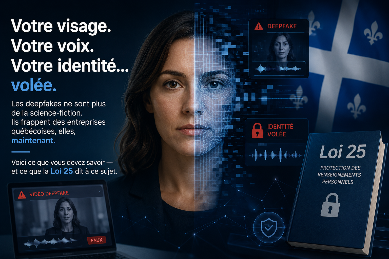 Deepfakes : visage moitié réel, moitié reconstruit par IA, drapeau du Québec et livre Loi 25 sur la protection des renseignements personnels.